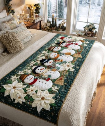 Snowy Smiles Winter Quilted Bed Scarf - Charming Festive Runner, Soft Stitched Cotton-Look Accent For Holiday Bedroom Makeover