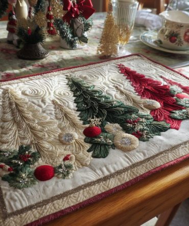 Snowy Trees Quilted Placemat — Winter Pine Forest Table Mat for Holiday & Seasonal Dining, Quilted Heat Protection, Easy-Care Fabric