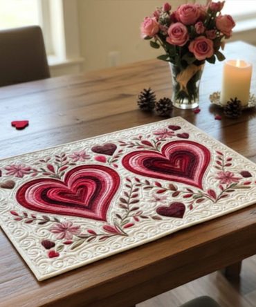Soft Petals & Deep Hearts Quilted Place Mat — Romantic Floral Quilted Dining Mat, Plush Cotton, Ideal for Cozy Brunches, Gifts & Intimate Table Settings