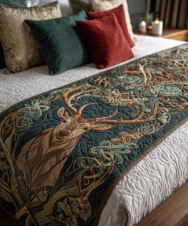 Sovereign Horns Tribal Quilted Bed Scarf — Statement Rustic Bedroom Runner With Horn Motif, Durable Cotton-Blend Decorative Accent