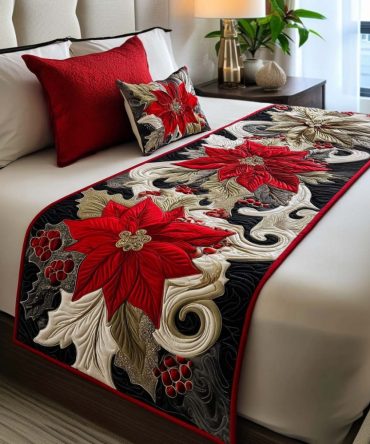 Sparkle Noel Quilted Bed Runner , Shimmering Holiday Bed Scarf For Queen & King, Festive Accent, Reversible & Easy Care