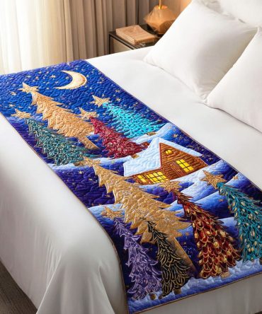 Sparkling Tree Quilted Bed Runner — Shimmering Christmas Tree Accent, Festive Quilted Scarf For Holiday Bedrooms, Reversible & Durable