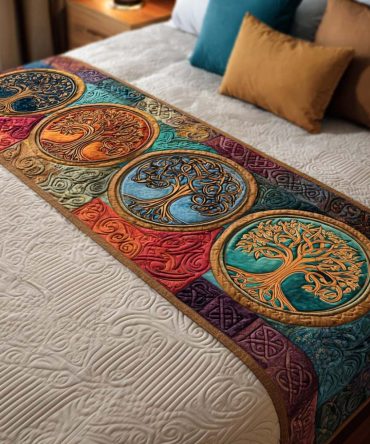 Spirit Branches Quilted Bed Runner — Elegant Botanical Quilted Bed Scarf For Nature-Inspired & Modern Bedrooms, Reversible Accent