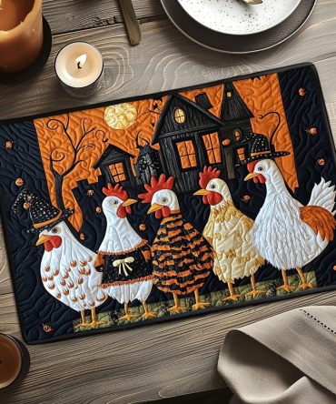 Quilted Halloween Chicken Table Placemat - Farmhouse Spooky Dinner Mat, Heat-Resistant, Machine Washable, Decorative