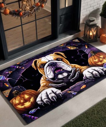 Spooky Gate Bulldog Halloween Welcome Mat — Halloween Front Door Doormat With Bulldog Art, Durable Outdoor Non-Slip Rug For Trick-Or-Treaters & Porch Decor