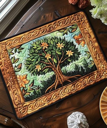 Spring Tree of Life Quilted Placemat — Vibrant Botanical Table Mat, Reversible, Padded & Machine-Washable for Everyday Dining
