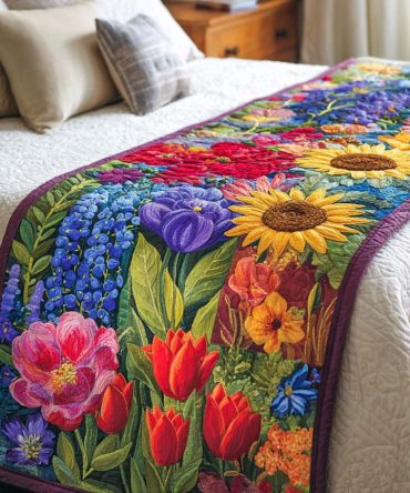 Spring Meadow Melody Quilted Bed Runner — Floral Garden Bed Scarf For Bright Bedrooms, Lightweight Quilted Decorative Accent