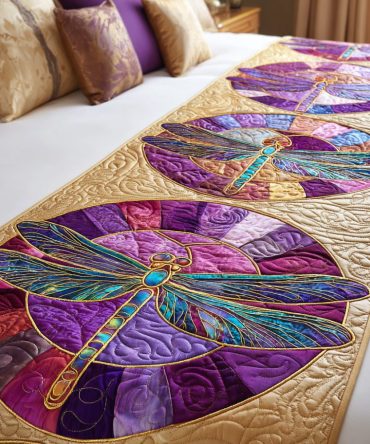 Spring Wing Dreams Quilted Bed Runner – Floral Dragonfly Wings Design Decorative Bed Scarf For Fresh Seasonal Bedroom Styling
