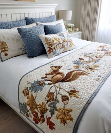 Squirrel Autumn Treasures Quilted Bed Scarf For Queen & King — Cozy Fall Bedroom Accent, Rustic Woodland Quilt Throw