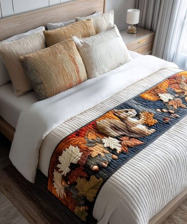 Squirrel In The Grove Quilted Bed Scarf For Queen & King — Autumn Woodland Bedding Accent, Whimsical Nature Motif, Soft Fill