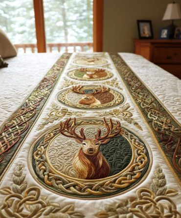 Stag Reverie Quilted Bed Runner — Luxe Rustic Accent With Elegant Stag Motif, Reversible Cotton-Blend Runner For King & Queen Beds