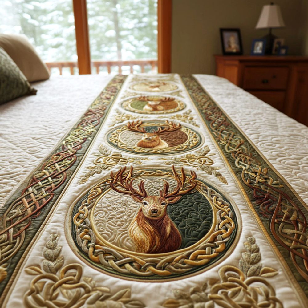 Stag Reverie Quilted Bed Runner — Luxe Rustic Accent With Elegant Stag Motif, Reversible Cotton-Blend Runner For King & Queen Beds