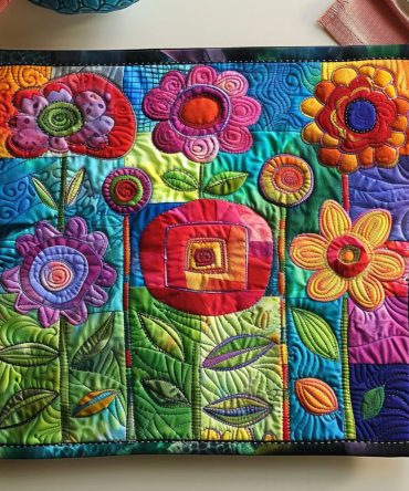 Stained Glass Blossom Quilted Placemat — Elegant Floral Mosaic Table Mat, 12X18 Cotton Quilted Accent For Formal & Casual Dining