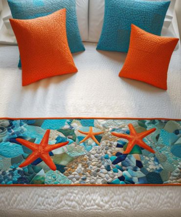 Starfish Trio Quilted Bed Scarf — Beachy Coastal Runner With Trio Starfish Embroidery, Reversible Decorative Accent For Queen & King Beds