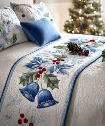 Starlight Bells Quilted Bed Runner — Sparkling Holiday Bell Motif Decorative Throw, Quilted Bed & Sofa Accent For Festive Styling, Soft & Easy-Care, Fits Most Beds