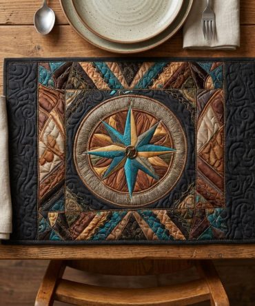 Starlit Feathers Quilted Place Mat — Celestial Feather Motif Quilted Dining Mat, Soft Cotton, Decorative Accent for Modern or Boho Tablescapes