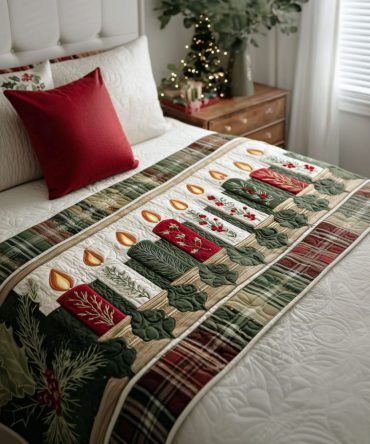 Starlit Candles Quilted Bed Scarf — Twinkling Holiday Bed Runner, Quilted Decorative Throw For Cozy Seasonal Bedroom Ambiance