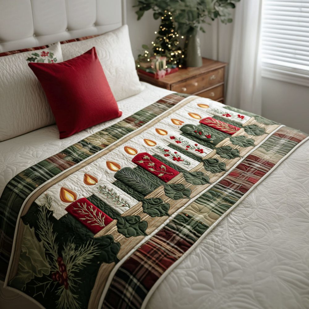 Starlit Candles Quilted Bed Scarf — Twinkling Holiday Bed Runner, Quilted Decorative Throw For Cozy Seasonal Bedroom Ambiance