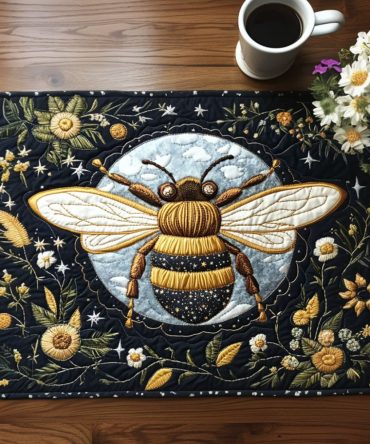 Starlit Garden Bee Quilted Placemat — Whimsical Bee & Floral Design, Soft Cotton Quilt, Machine Washable Table Accent & Gift-Ready