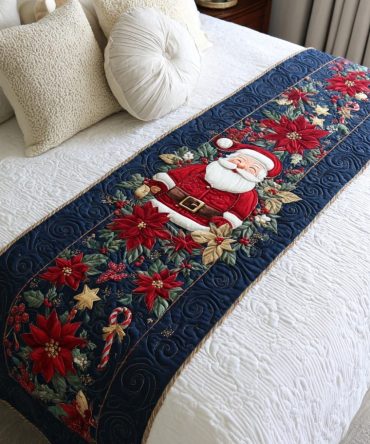Starlit Santa Quilted Bed Runner — Festive Holiday Decorative Throw For Queen & King Beds, Reversible Christmas Accent Piece