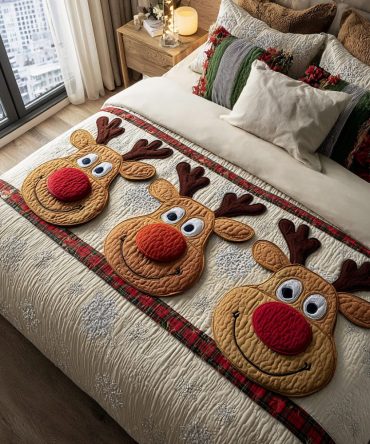 Starlit Stag Quilted Bed Runner — Elegant Holiday Bedding Accent With Metallic Thread Detail, Plush Cotton-Blend, Reversible