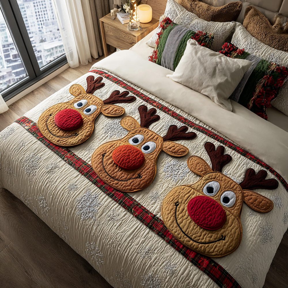 Starlit Stag Quilted Bed Runner — Elegant Holiday Bedding Accent With Metallic Thread Detail, Plush Cotton-Blend, Reversible