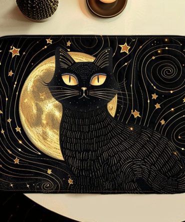 Starry Night Cat Quilted Placemat — Artistic Celestial Cat Table Mat, Reversible, Padded & Machine-Washable for Dining Rooms