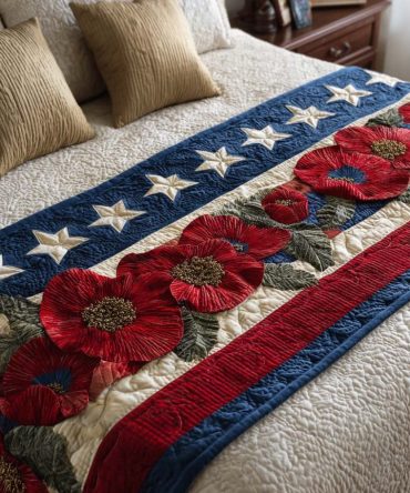 Starry Bloom Reversible Quilted Bed Scarf — Shiny Star & Floral Bedding Accent For Patriotic And Everyday Bedroom Styling