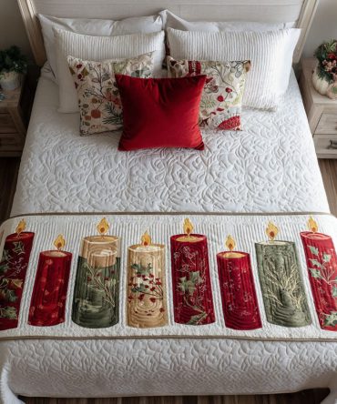 Starry Candlelight Quilted Bed Scarf — Festive Sparkle Bed Runner With Delicate Pattern, Quilted Throw Accent For Holiday Bedroom Elegance