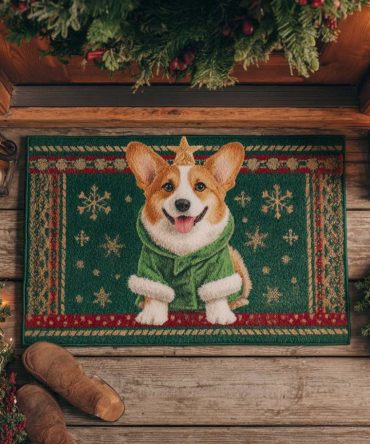 Starry Christmas Corgi Welcome Mat — Festive Dog Lover Holiday Doormat With Cute Corgi Illustration, Durable Non-Slip Front Door Rug