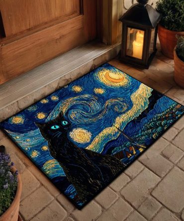Starry Diva Cat Doormat - Glam Night Sky Welcome Mat, Stylish Non-Slip Indoor/Outdoor Rug For Pet Lovers & Trendy Entryways