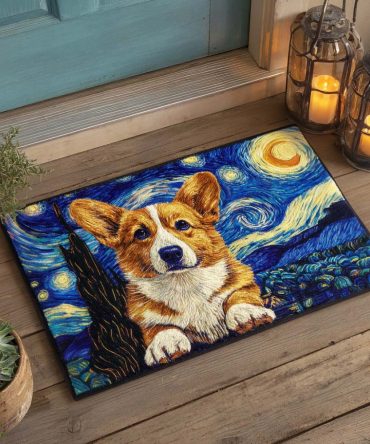 Starry Night Corgi Welcome Mat – Artistic Van Gogh-Style Doormat With Corgi Design, Durable Outdoor/Indoor Non-Slip Rug