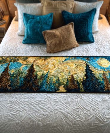 Premium Quilted Bed Runner - Starry Pine Night Design , Decorative Bedroom Accent For Queen & King Beds, Reversible, Machine-Washable