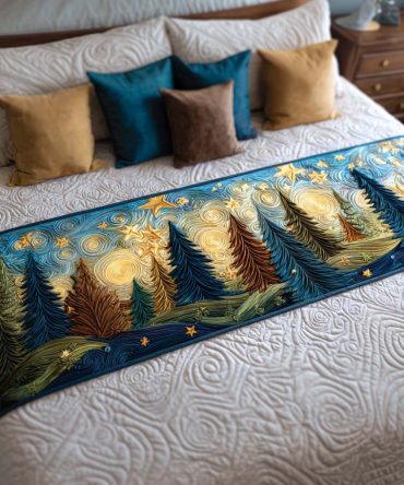 Starry Pines Glow Quilted Bed Runner – Twinkling Pine & Star Holiday Accent, Quilted Decorative Runner For Seasonal Bedroom Ambiance And Cozy Nights