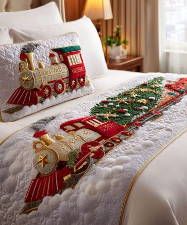 Vintage Steam Train Quilted Bed Runner – Classic Holiday & Kids Bedding Accent, Durable Cotton-Blend, Perfect For Playful Bedrooms