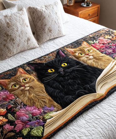 Storytime Cat Corner Quilted Bed Runner - Playful Cat & Storybook Bedding Accent, Soft Quilted Runner For Cozy Reading Corners