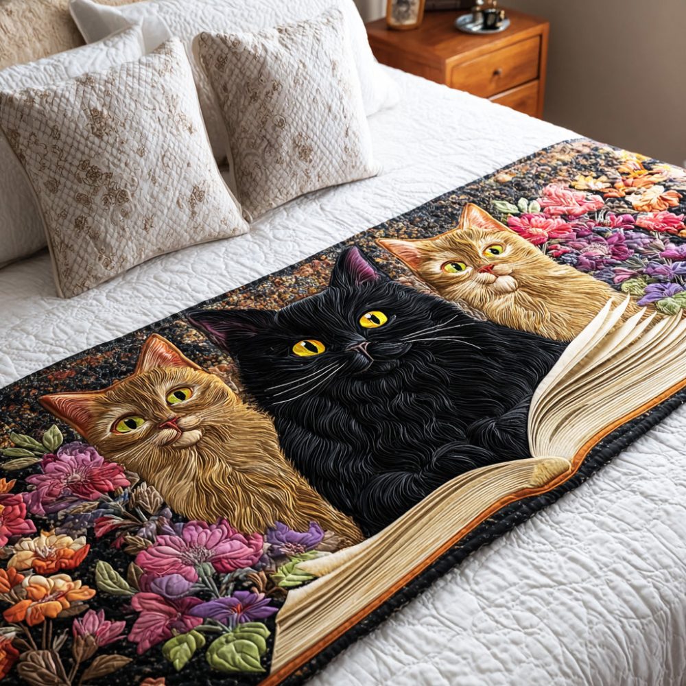 Storytime Cat Corner Quilted Bed Runner - Playful Cat & Storybook Bedding Accent, Soft Quilted Runner For Cozy Reading Corners