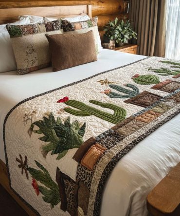 Succulent Pattern Quilted Bed Runner - Botanical Bed Scarf With Earthy Greens, Soft Cotton Layer For Queen & King Beds
