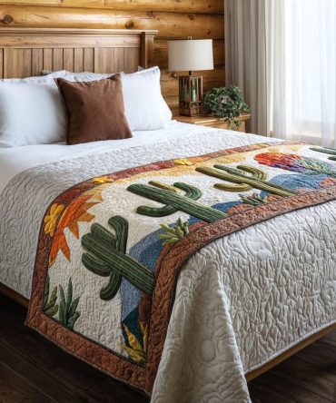 Lush Succulent Quilted Bed Runner - Green Botanical Bed Scarf With Textured Stitching, Stylish Layer For Queen & King Beds