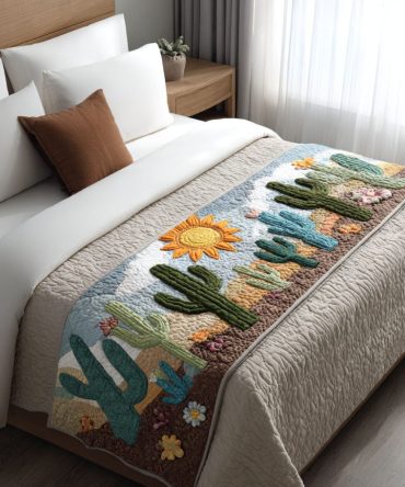 Succulent Sunrise Quilted Bed Runner - Warm Botanical Bed Scarf With Sunrise Hues, Soft Cotton Layer For Queen & King Beds