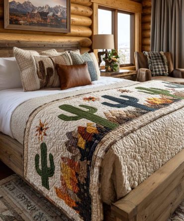 Succulent Vibes Quilted Bed Runner — Botanical Green Cactus Motif, Eco-Friendly Cotton Accent For Modern Boho Bedrooms, Reversible