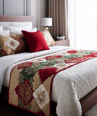 Sugarplum Star Quilted Bed Runner - Whimsical Holiday Accent For Kids & Guest Rooms, Festive Star Pattern Bedding