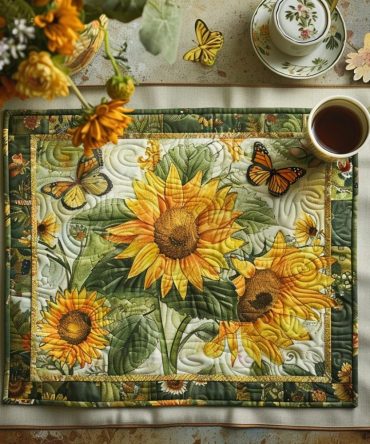 Sun-Kissed Sunflower Quilted Table Placemat - Vibrant Cotton Dining Mat with Sunflower Centerpiece Design for Summer & Farmhouse Tables