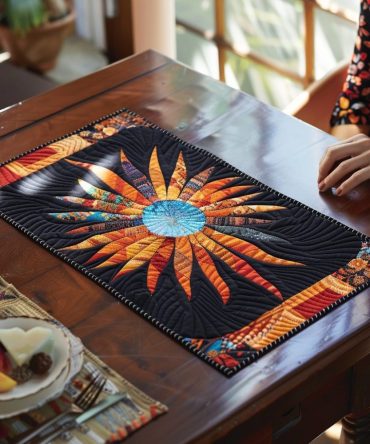 Sun Feather Quilted Table Placemat — Bright Boho Cotton Quilted Placemat for Kitchen & Dining, Heat-Resistant, Machine-Wash
