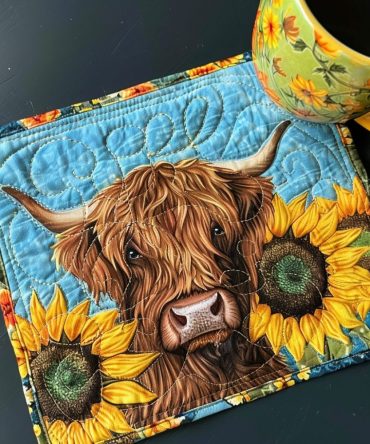Whimsical Highland Cow & Sunflower Quilted Placemat - Rustic Cotton Table Mat for Charming Farmhouse Kitchens and Gift Giving