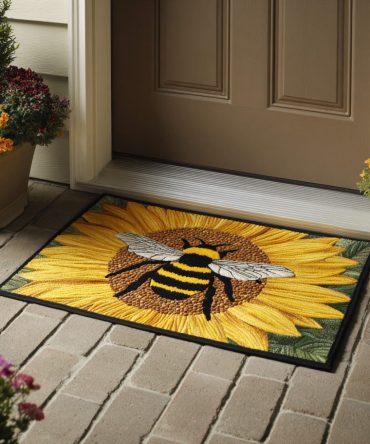 Sunflower & Bee Front Door Mat — Bright Floral Welcome Rug With Cheerful Sunflower And Bee Motif, Durable Outdoor/Indoor Non-Slip Mat