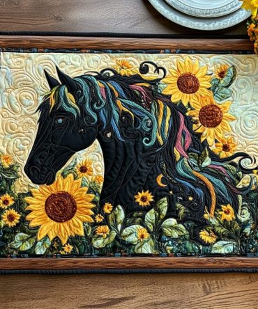 Black Horse & Sunflower Quilted Placemat — Bold Farmhouse Table Mat, Vibrant Print, Durable Cotton, Heat-Friendly, Easy Care, Gift Idea