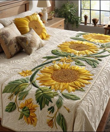 Sunflower Bloom Quilted Bed Runner — Vibrant Floral Bed Scarf, Cotton-Blend Quilting, Reversible, Perfect For Farmhouse Bedrooms