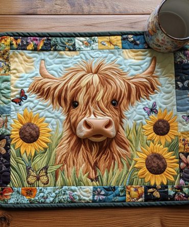 Sunflower & Cow Quilted Table Placemat - Cheerful Farmhouse Kitchen Mat with Rustic Charm and Easy Care