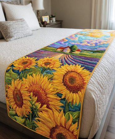 Sunflower Days Quilted Bed Runner — Bright Sunflower Decorative Bed Scarf, Reversible Cotton-Blend Accent For Cheerful Bedrooms